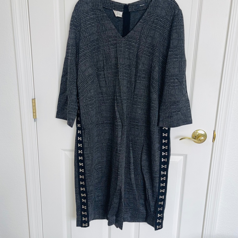 RIANI Plaid Glen Check Shift Dress V-Neck Hook-and-Eye Side Detail Grey Black XL